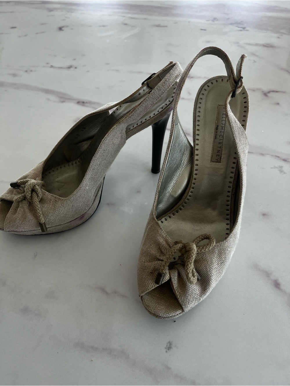 Stella McCartney Beige Linen Peep-Toe Slingback Heels